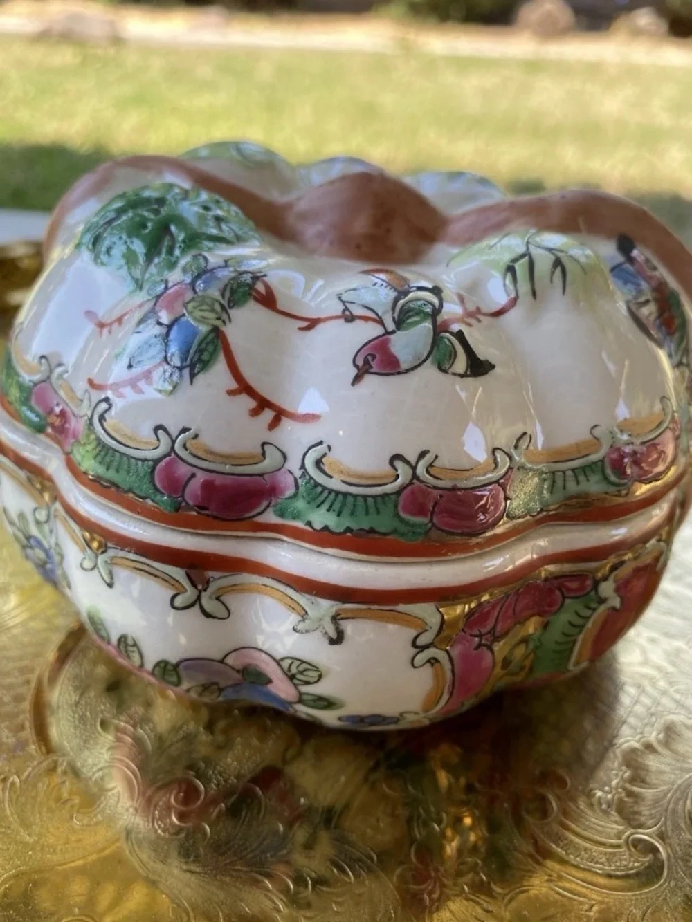 Rare Vtg Chinese Porcelain Trinket Famille Rose HandPainted Floral Jewelry Box